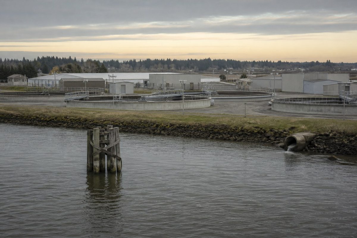 A large wastewater treatment plant with round concrete tanks on the shore of a calm tidal river at dawn