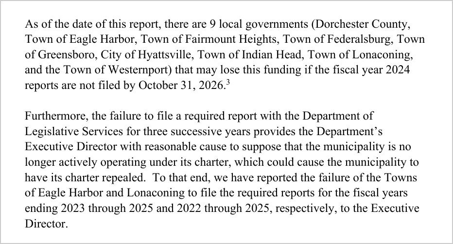 Excerpt from page 8 of the Office of Legislative Audits report naming the nine local governments that may lose state aid and the two towns reported for possible charter repeal