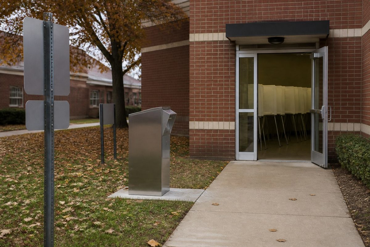A ballot drop box outside a brick community building used as a polling place