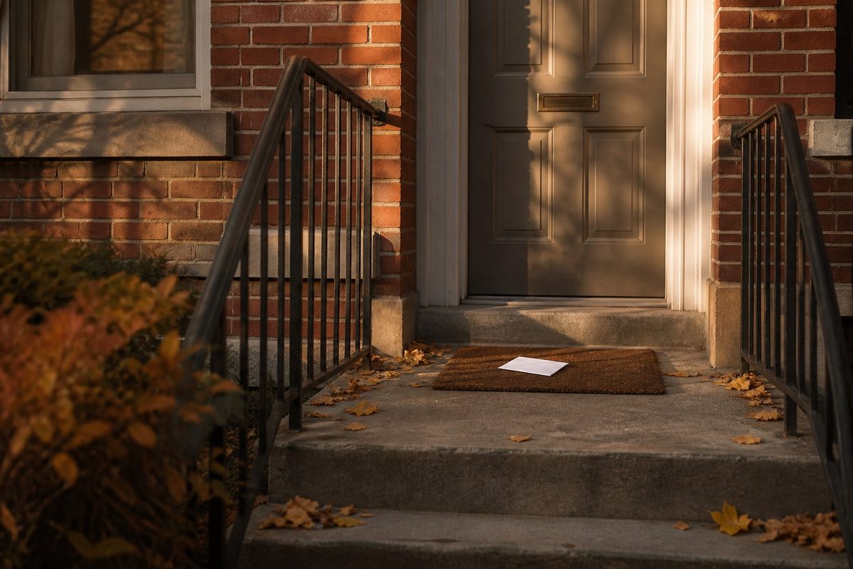 Front steps of a brick rowhouse in autumn with an envelope on the doormat