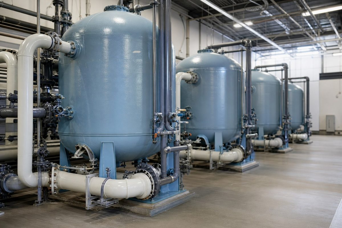 Blue carbon filter tanks and pipes inside a water treatment plant