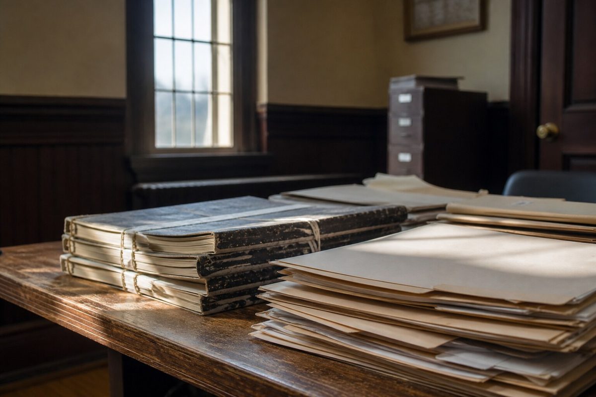 Stacks of bound ledgers and folders on a table in a small-town government office