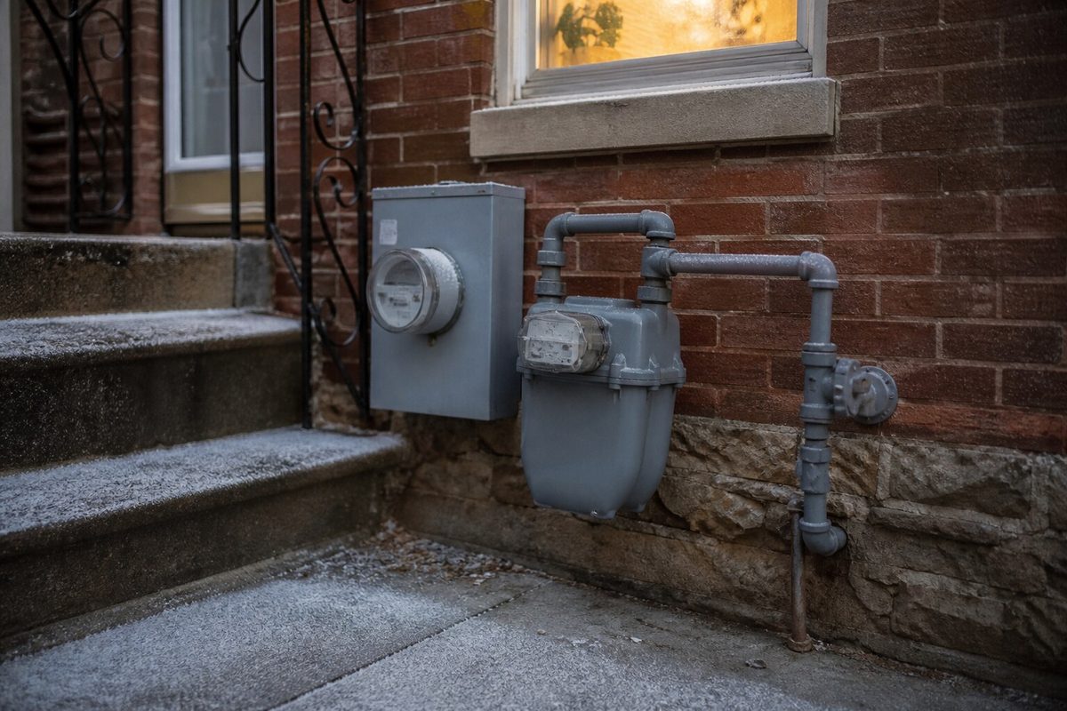 Electric and gas meters on the brick wall of a Maryland rowhouse on a frosty morning